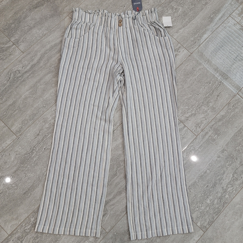 Linen Blue and White Striped Pants Elastic Waistband Lagenlook Size XL Resort - Picture 2 of 7